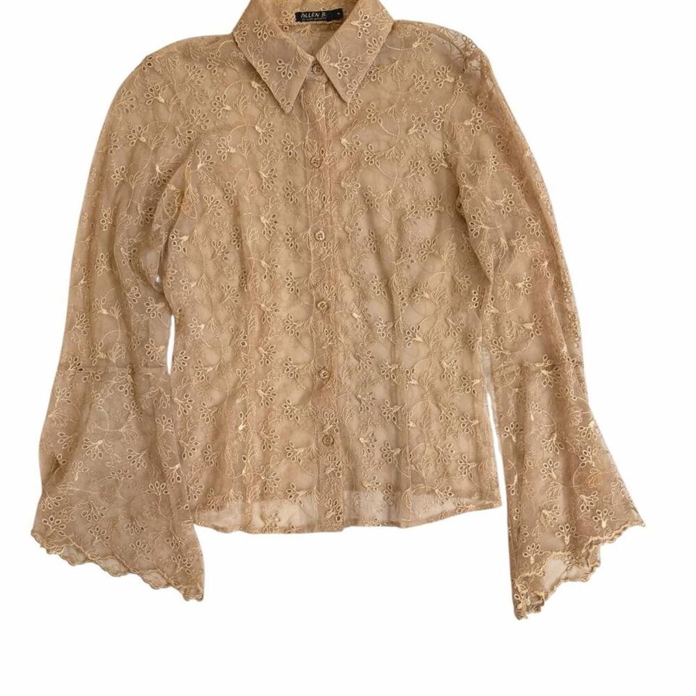 Allen B. by Allen Schwartz tan lace blouse with floral embroidery
